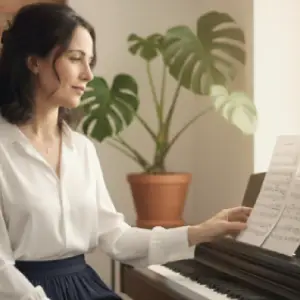 Woman at piano with sheet music in Montreal, practicing vocal technique for singing lessons and voice training.
