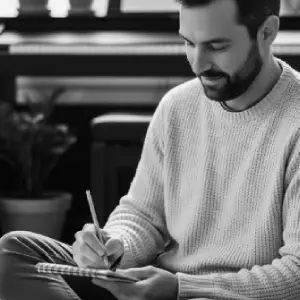 Smiling man writing notes for vocal lessons in Montreal. Progress at your own pace, stress-free singing classes.