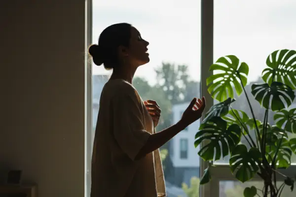 Elegant silhouette of a woman singing with emotional expression in natural daylight, representing artistic guidance in voice lessons in Montreal.