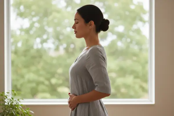 Female student practicing deep breathing and posture techniques for vocal stability during a singing lesson with her vocal coach.