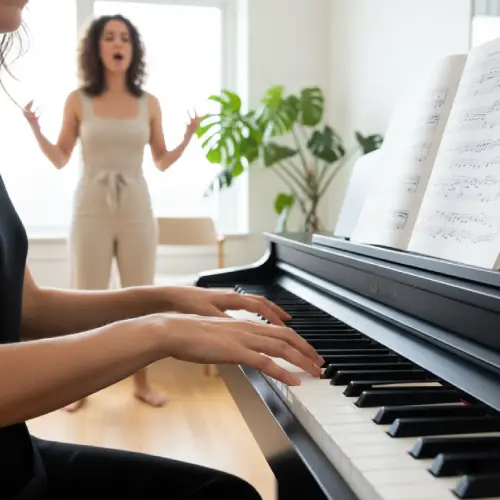 Close-up of a private singing lesson in Montreal showing the vocal coach's hands on the piano and a student receiving instruction.