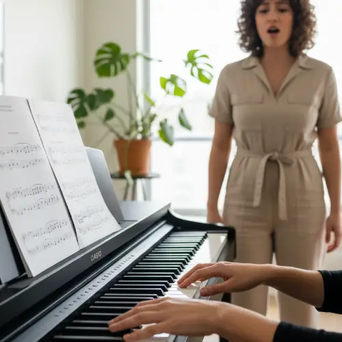 Close-up of a private singing lesson in Montreal showing the vocal coach's hands on the piano and a student receiving instruction.