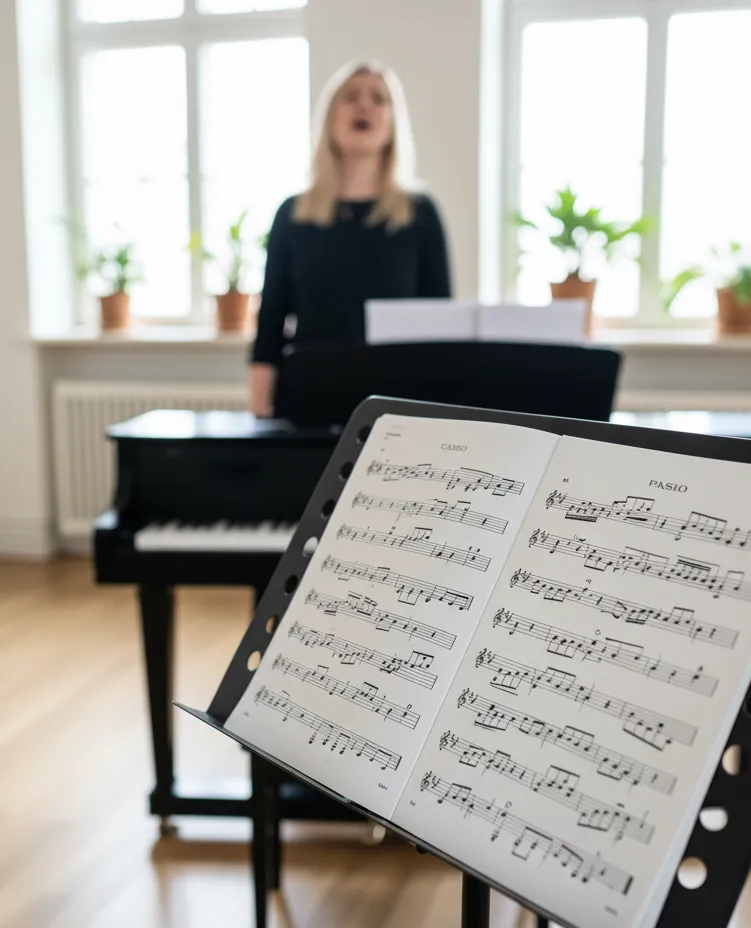 Sheet music in focus, blurred vocal coach/singer and digital piano for voice lessons in Montreal and online.