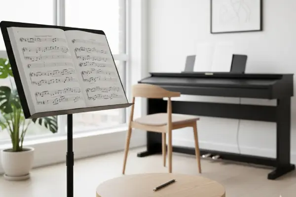 Close-up of a modern music stand with handwritten notes, symbolizing personalized vocal coaching and singing lessons in Montreal.